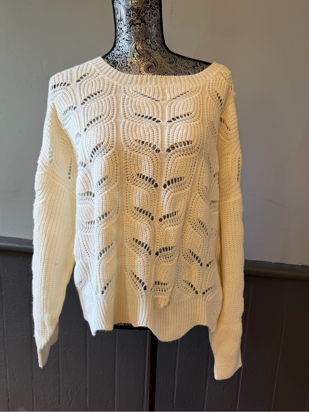Open-Work Scoop Neck Sweater in Ivory